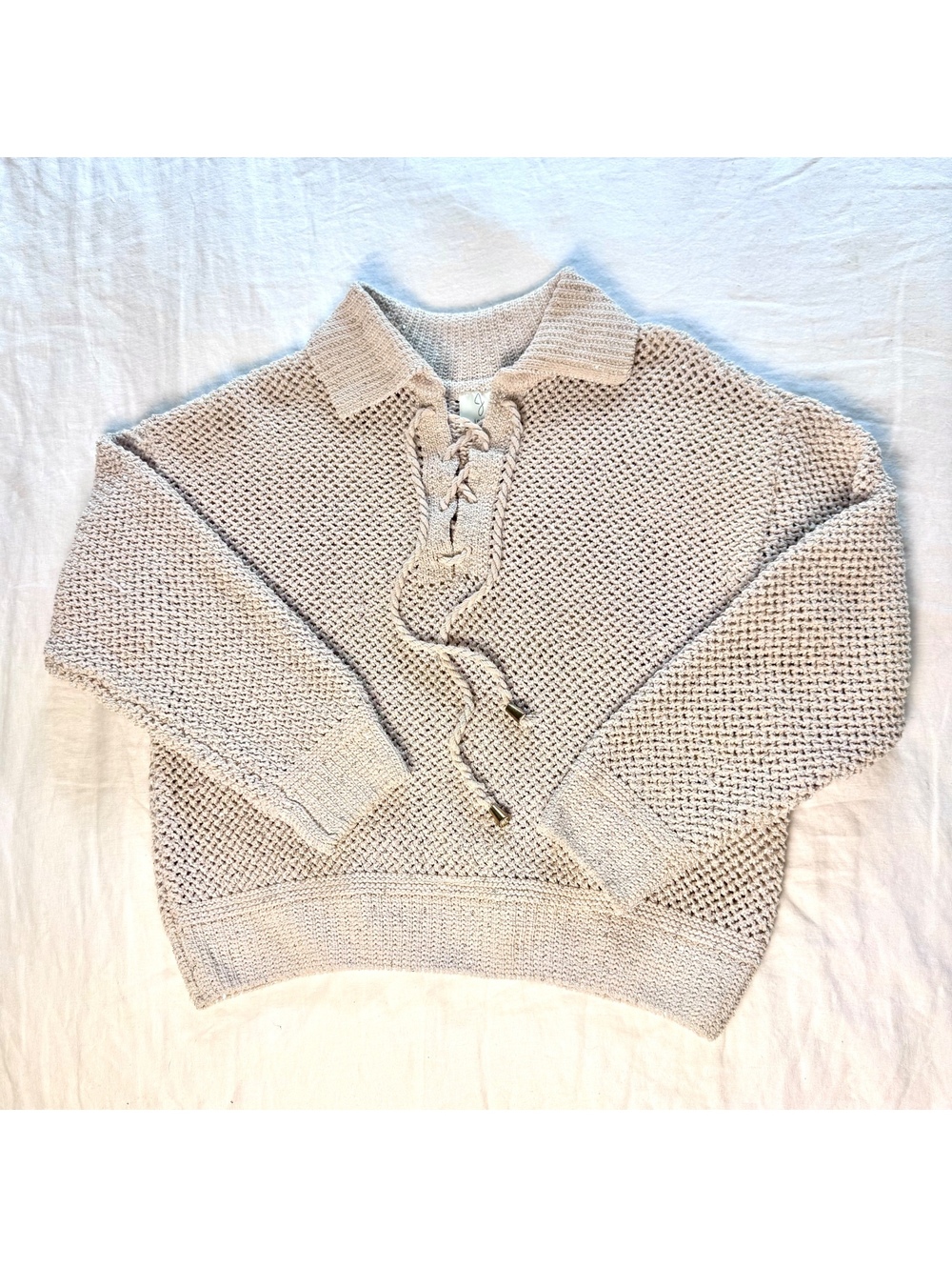 Joie beige long sleeve sweater sequins chunky mesh lace up pullover Size S